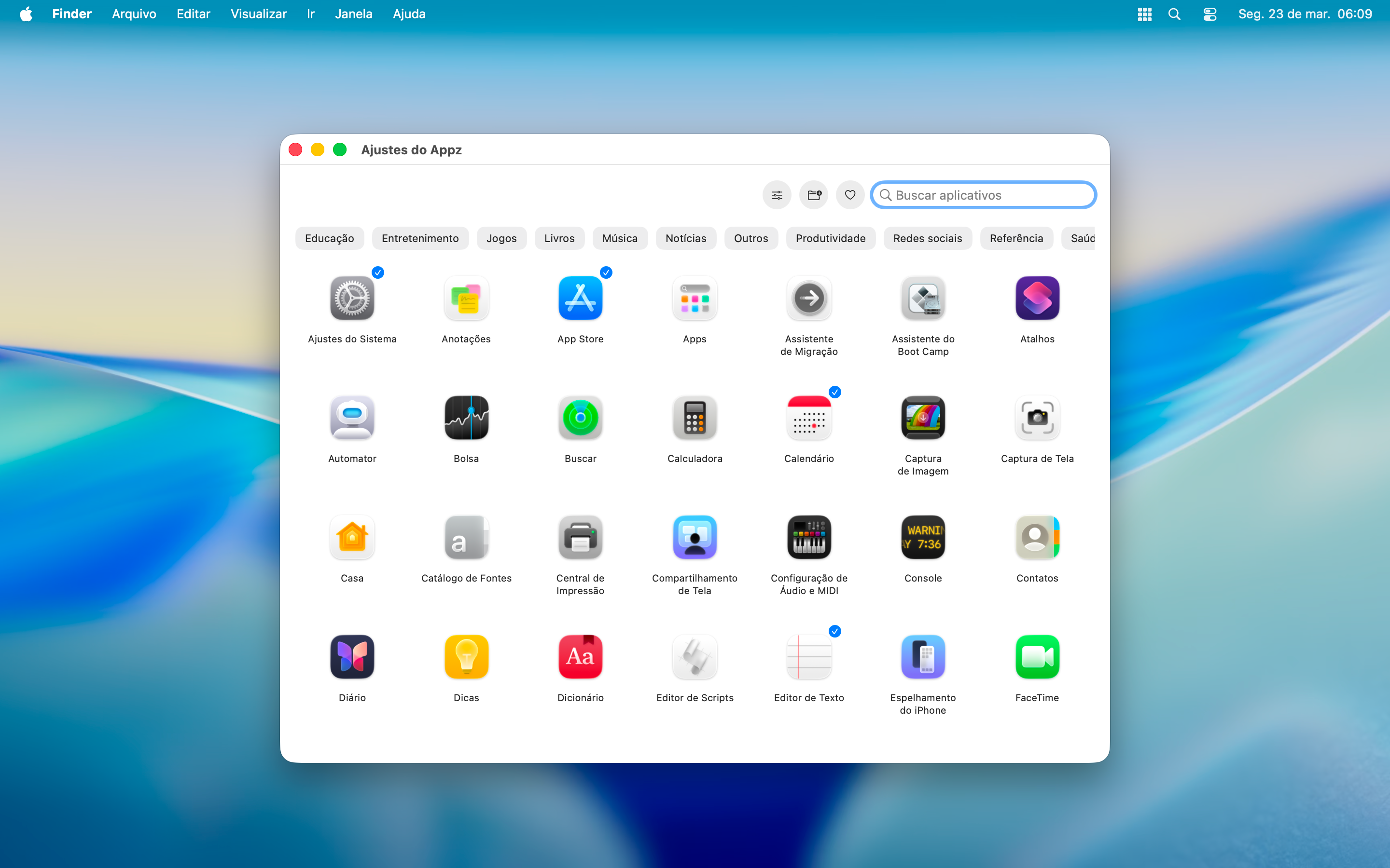 Configuração de aplicativos favoritos no Appz