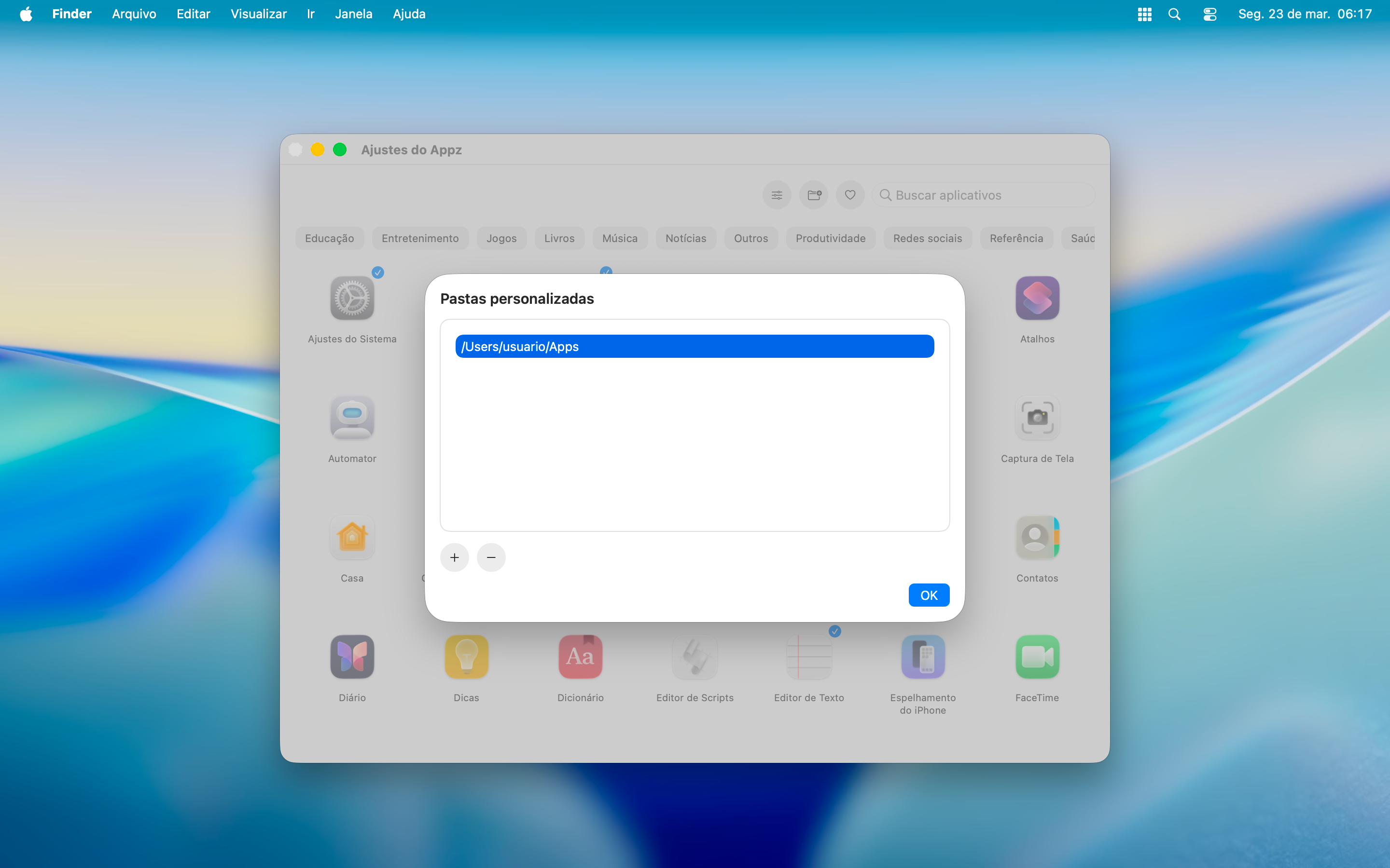 Configuração de pastas personalizadas no Appz